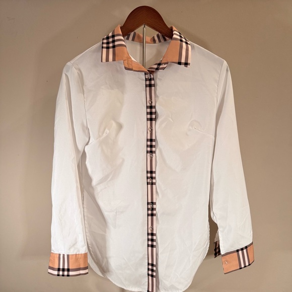 Designer Inspired Checkered Pattern Women's Button Down White Shirt British Sz M - Picture 2 of 5